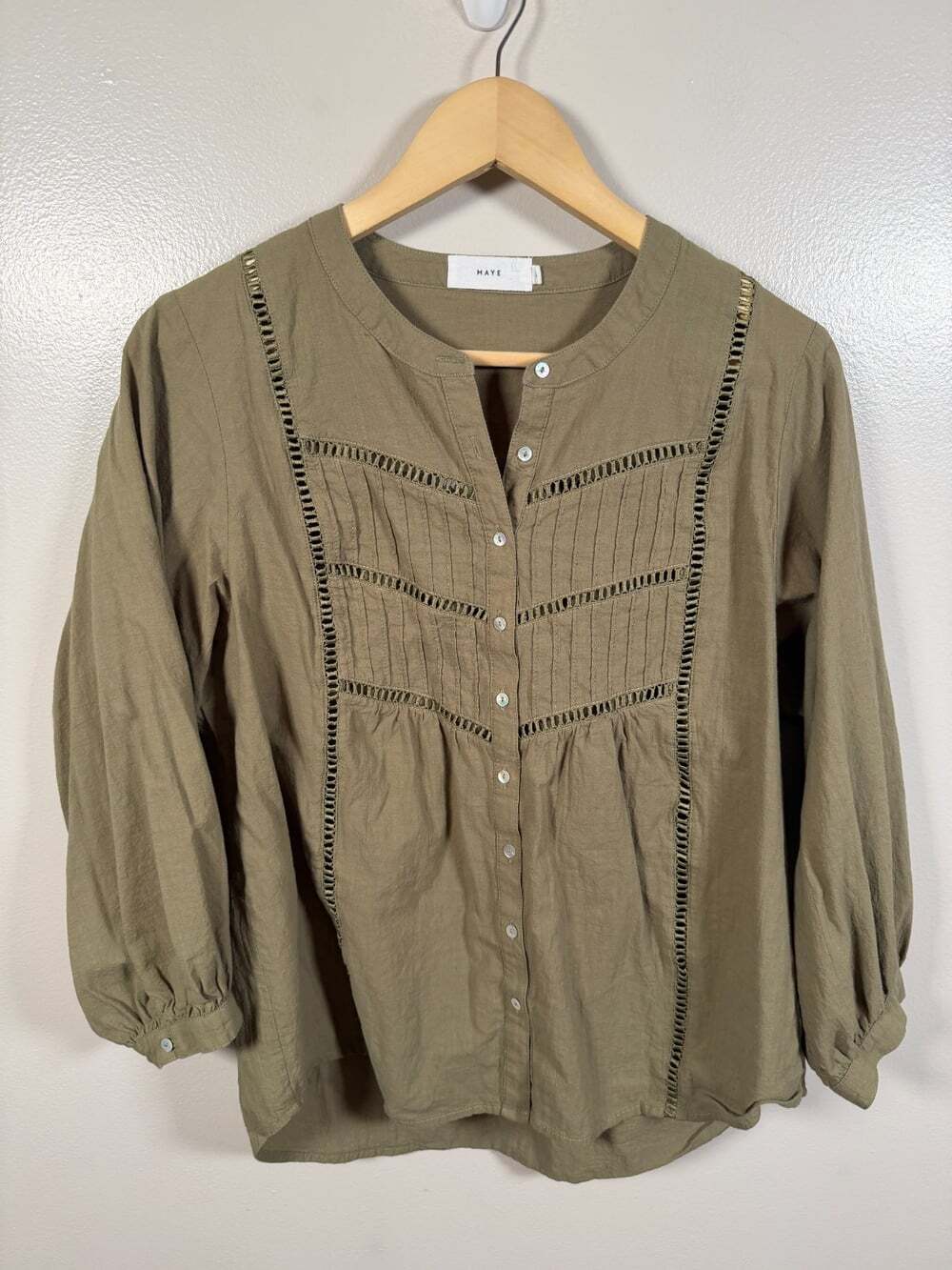 Maye Paloma Shirt Top Size Large Green Linen Blend Peasant Boho Earthy Prairie
